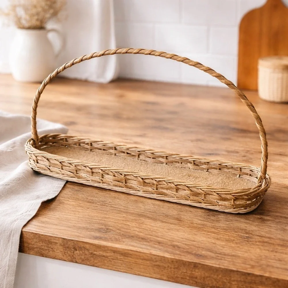 Small Long‎ Wicker Basket w Handle Rustic Farmhouse Decor 10
